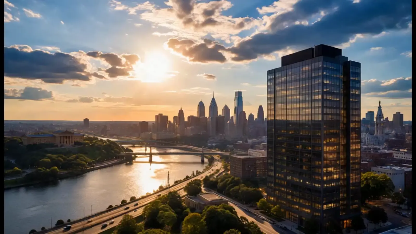 One Riverside illustrative tower at golden hour