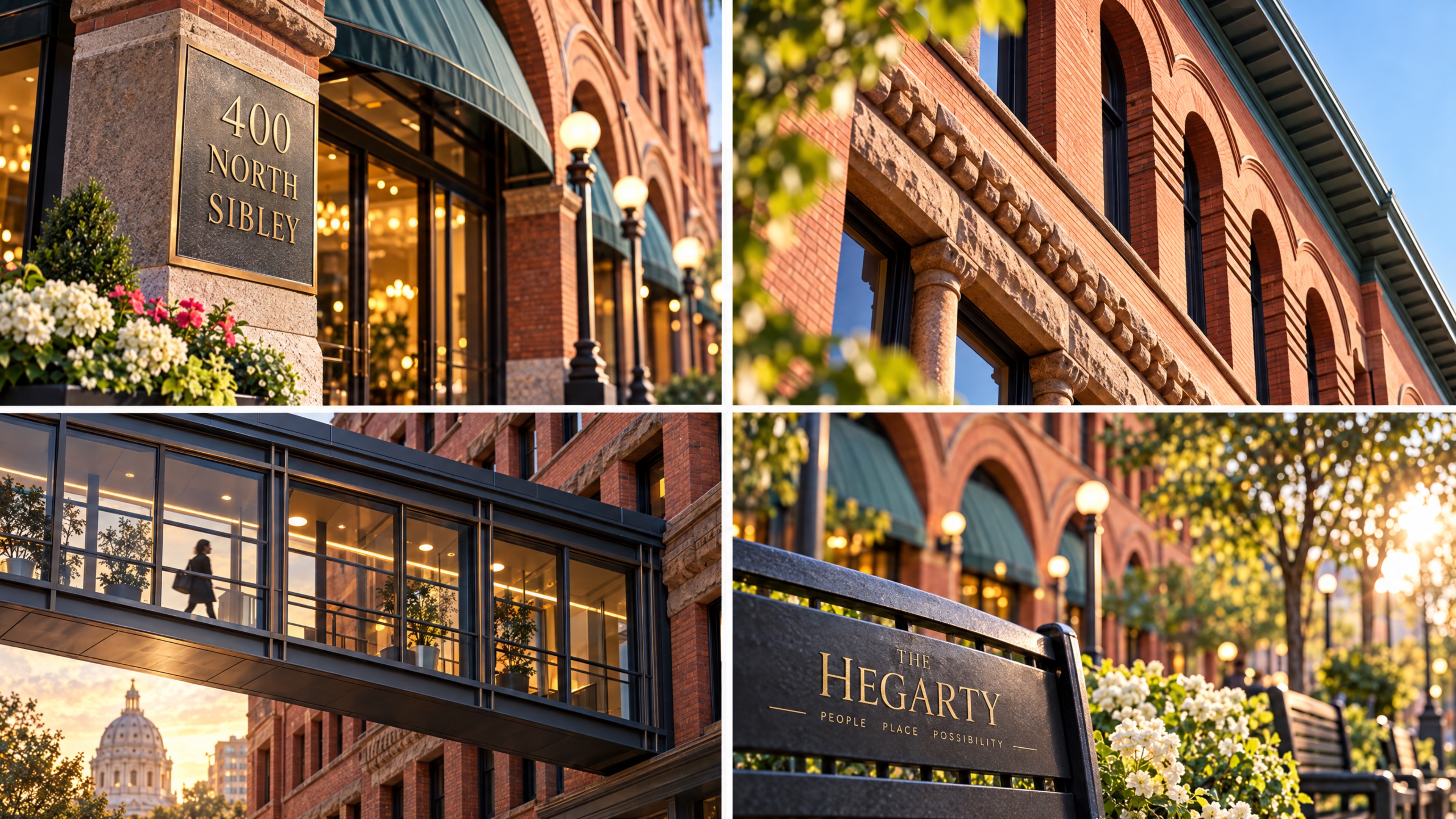 Supplied four-image concept study of 400 Sibley: address, facade, skyway and streetscape