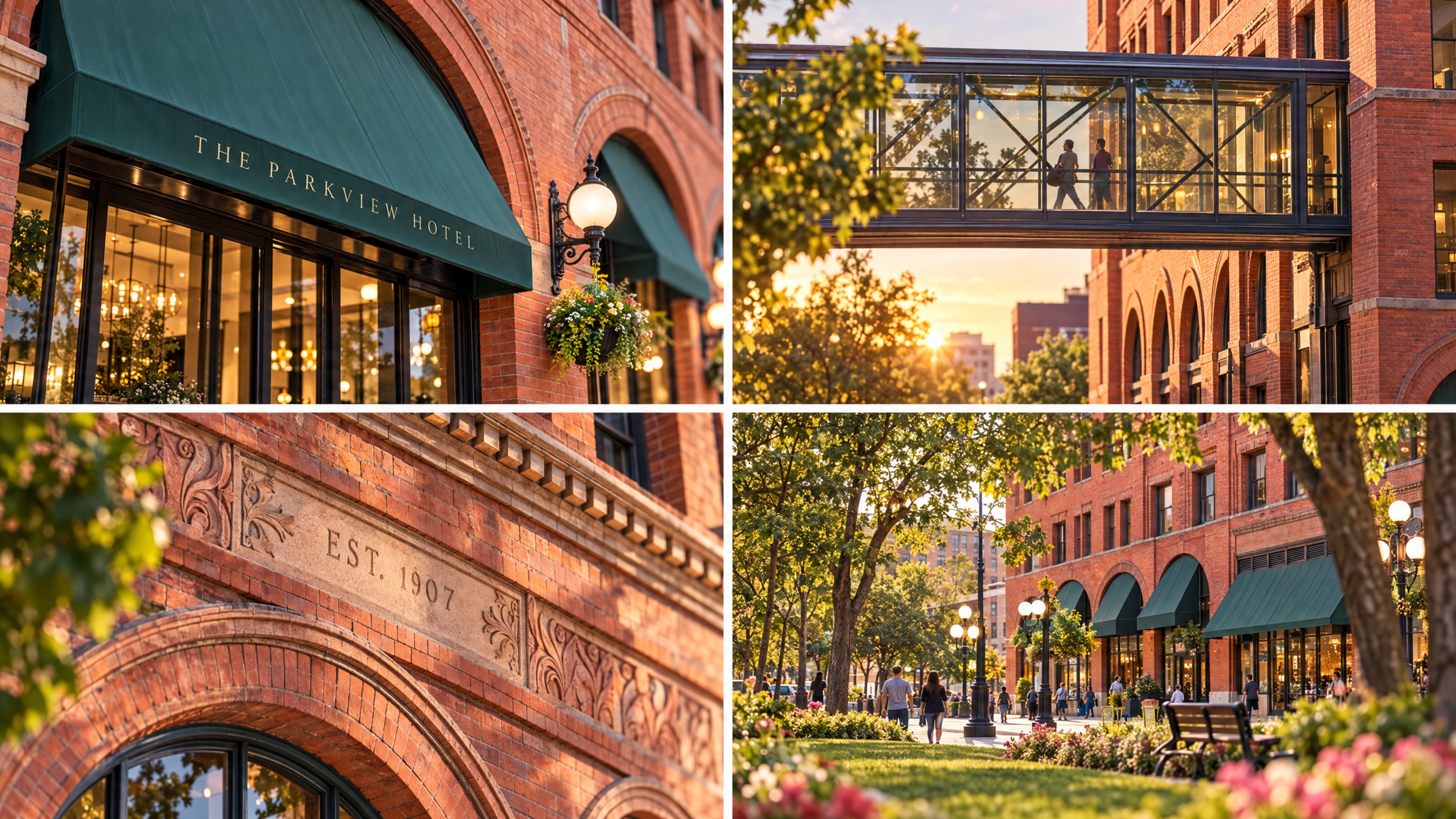 Supplied four-image concept study of 400 Sibley: arrival, skyway, stonework and park